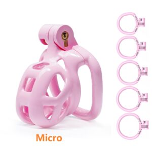 Male Chastity Cage with Lock & 5 Rings Resin Virginity for Men（Pink）