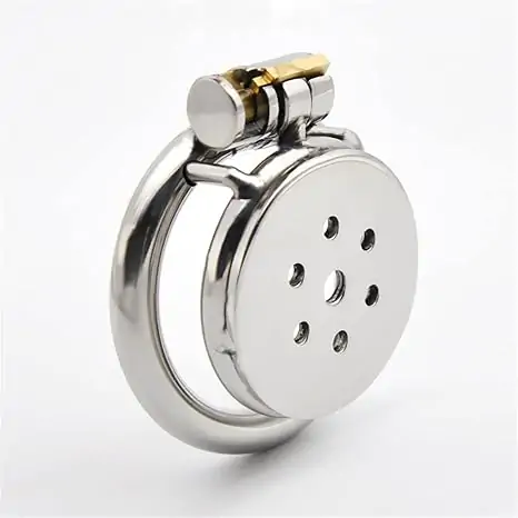 Flat stainless steel male chastity device with compact locking system