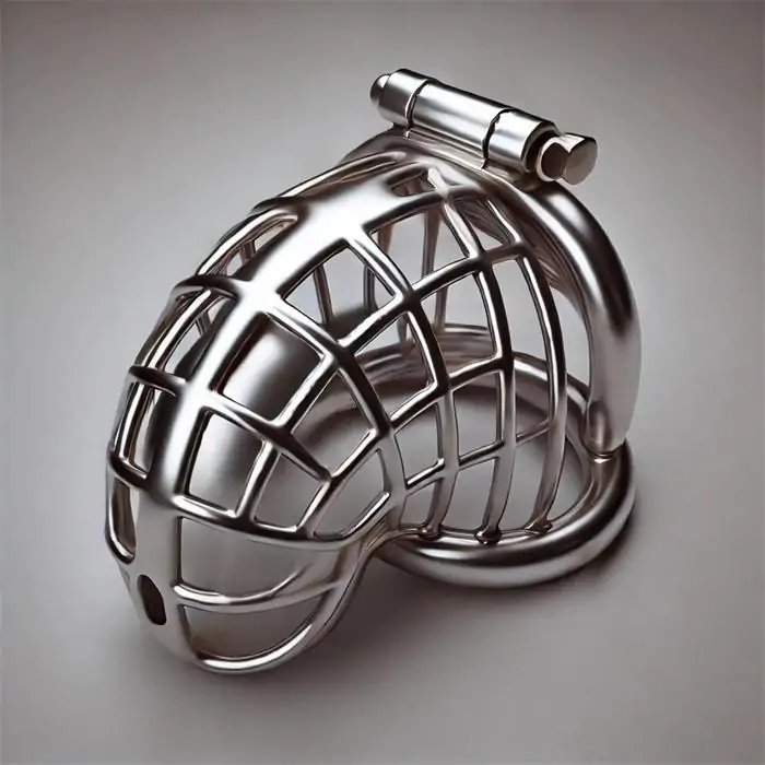Open stainless steel chastity cage design with smooth edges and breathable structure