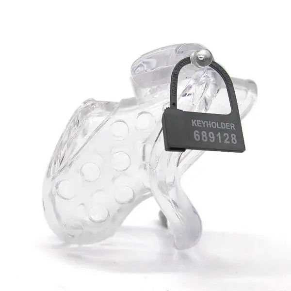 Transparent plastic male chastity cage with ventilation holes and numbered lock