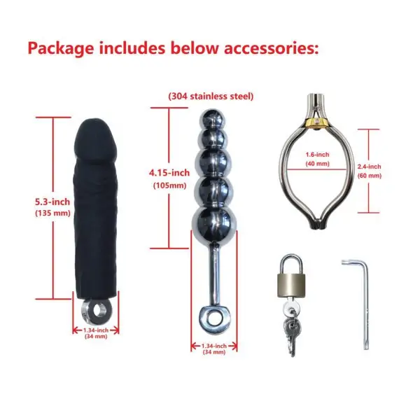 chastity belt accessories with lock and size details