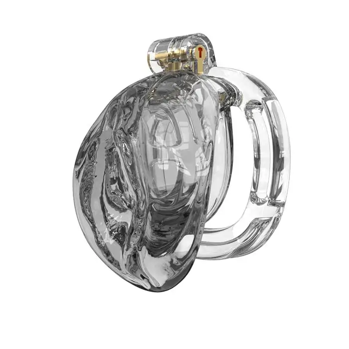 Transparent chastity cage showing ring size and fitting structure