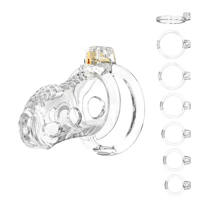 Transparent chastity cage with sizing rings for beginner fit guide