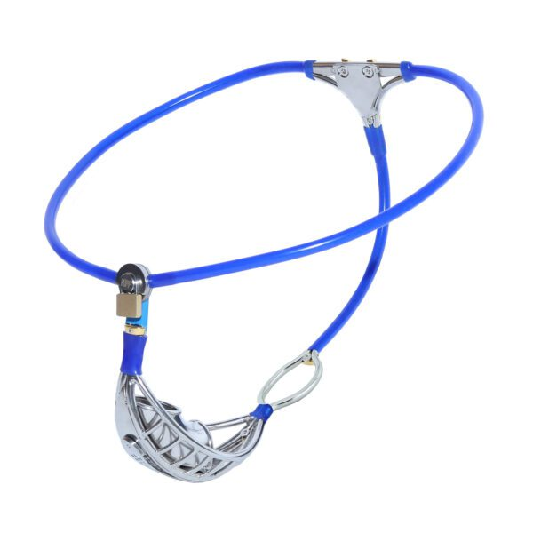 Blue male chastity belt with adjustable waist strap and metal cage structure
