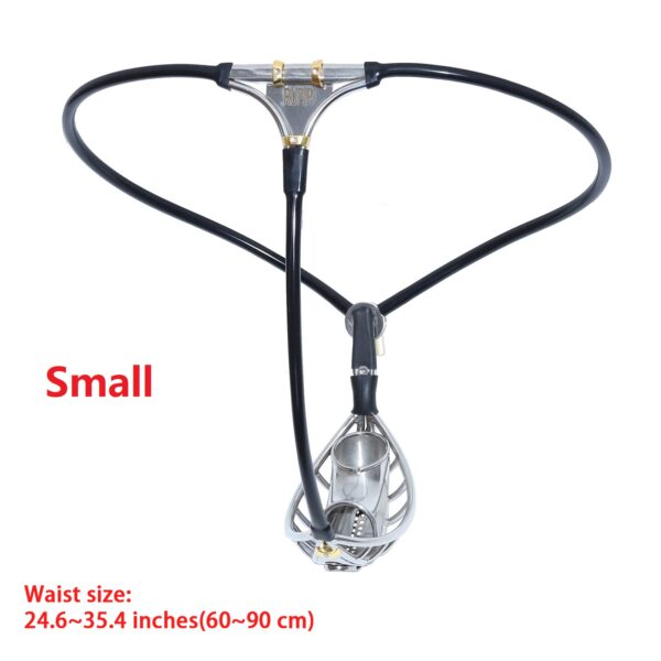 Male chastity belt size guide showing small waist size range