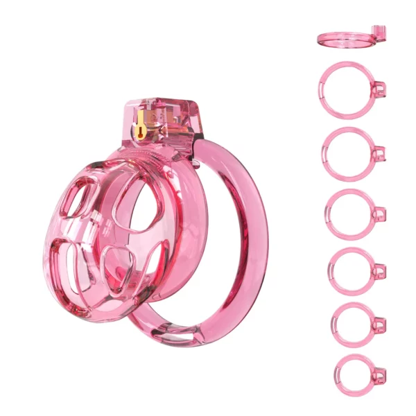 pink transparent sissy chastity cage with six ring sizes