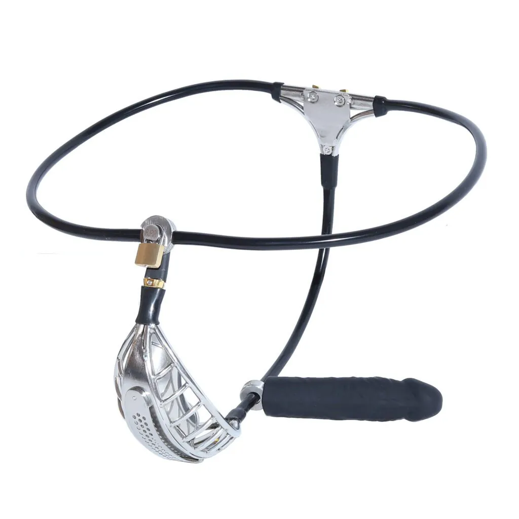 Black male chastity belt with adjustable waist strap