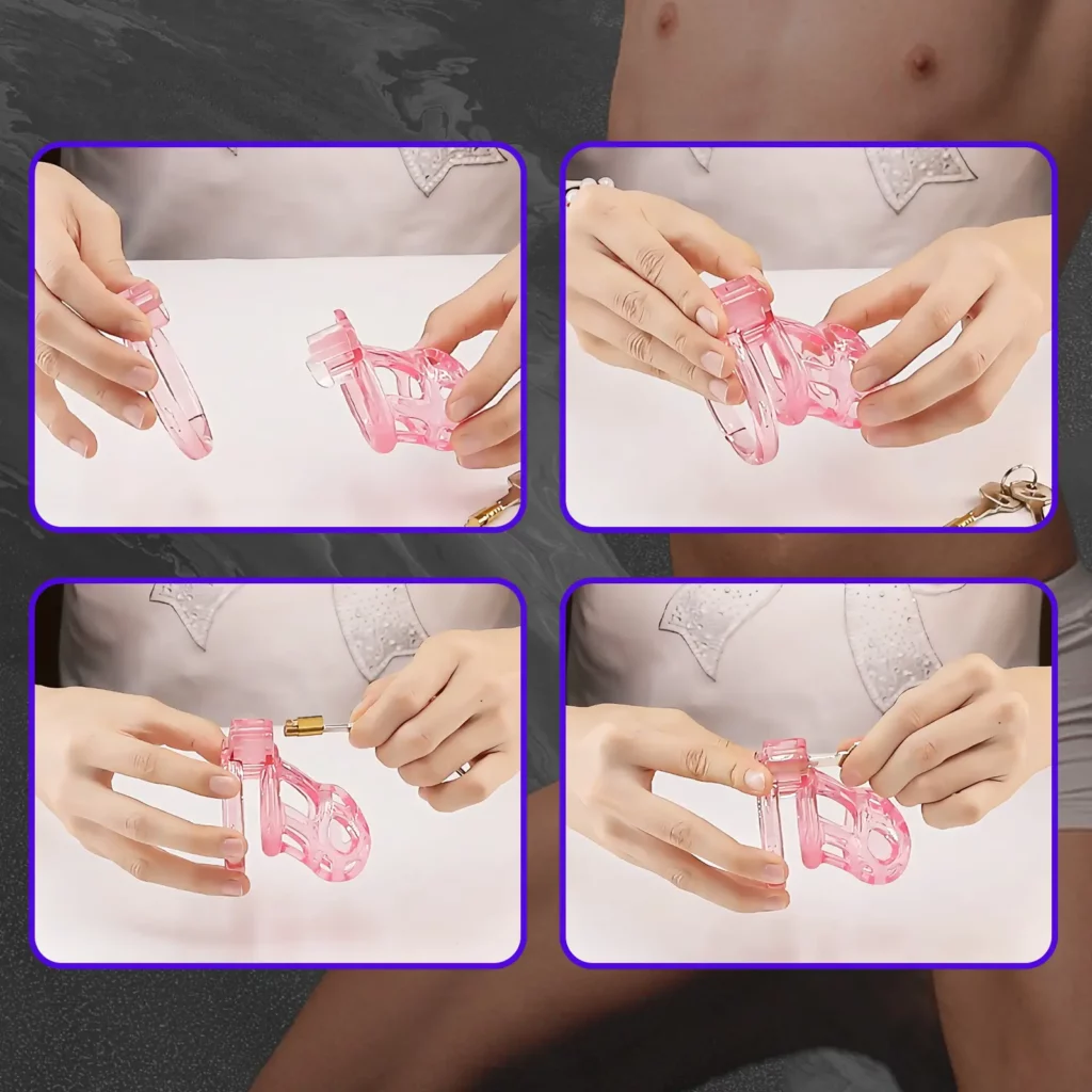 S12 pink soft TPE chastity cage with six sizing rings for beginners