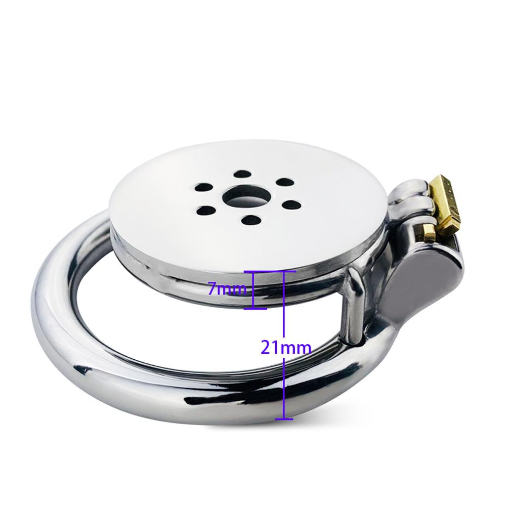 Flat chastity cage showing the ring gap and distance between the base ring and front plate