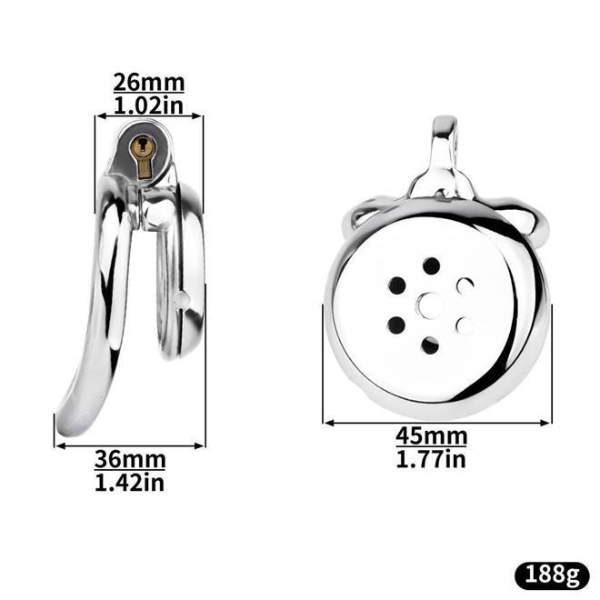 Flat chastity cage dimensions showing cage length, width, base ring size, and product weight